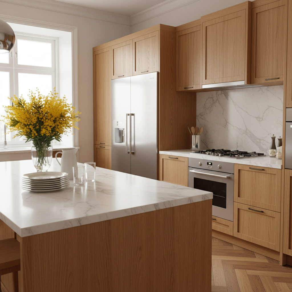 Kitchen interior with wooden facades, marble countertop, refrigerator, built-in oven, stove, parquet floor, glasses, mimosa bouquet, and blue-detailed tableware